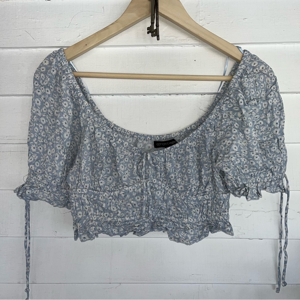 Cotton Candy Light Blue Floral Crop Top